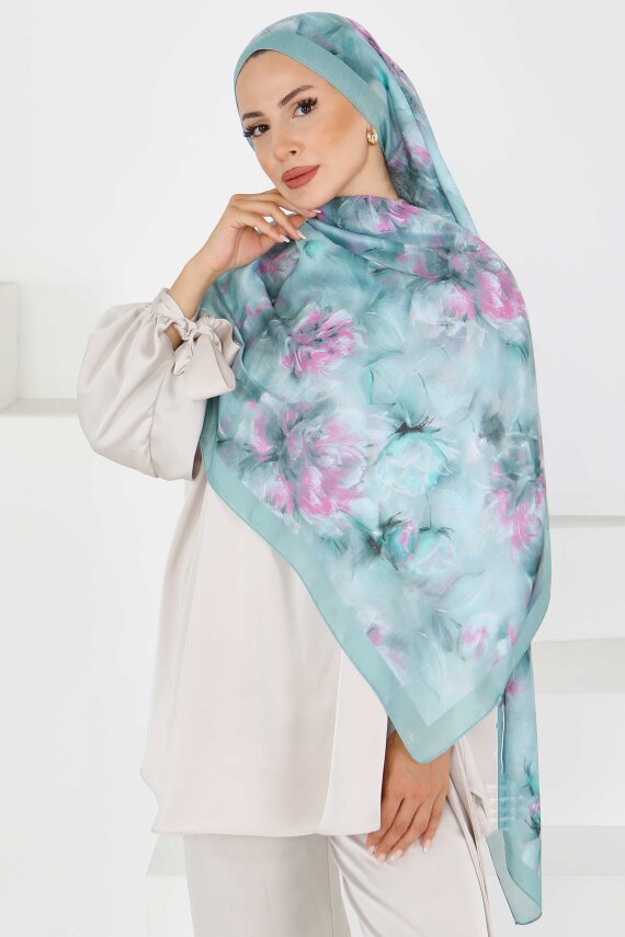 Flower Serisi Lotus Desenli Şal Mint - 27596 - 1