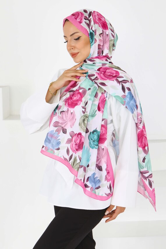 Flower Serisi Rose Lily Desenli Şal Fusya - 27594 - 1