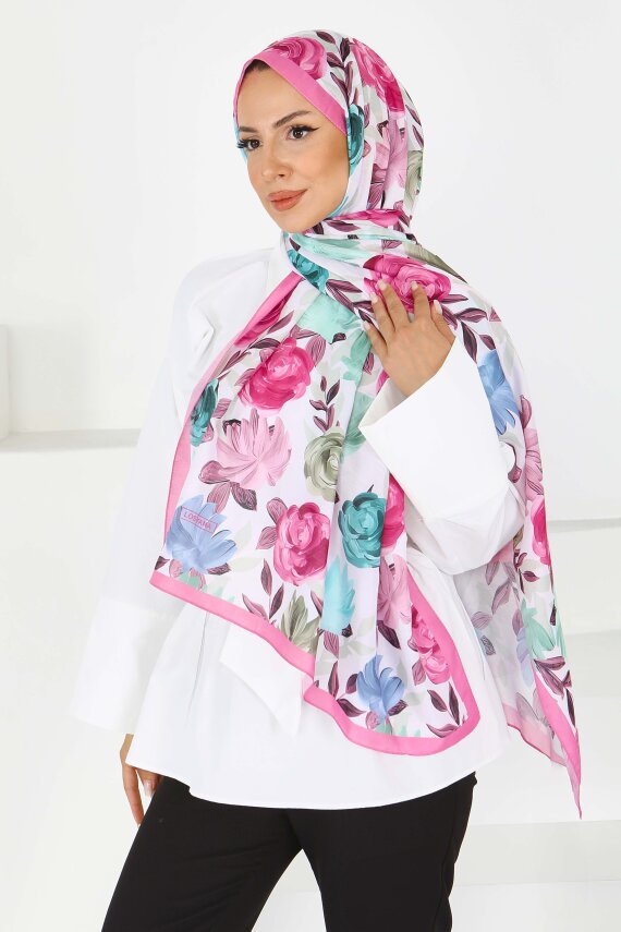 Flower Serisi Rose Lily Desenli Şal Fusya - 27594 - 3