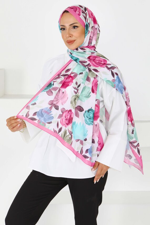 Flower Serisi Rose Lily Desenli Şal Fusya - 27594 - 4