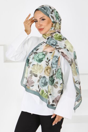 Flower Serisi Rose Lily Desenli Şal Haki - 27594 