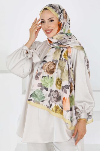 Flower Serisi Rose Lily Desenli Şal Hardal - 27594 