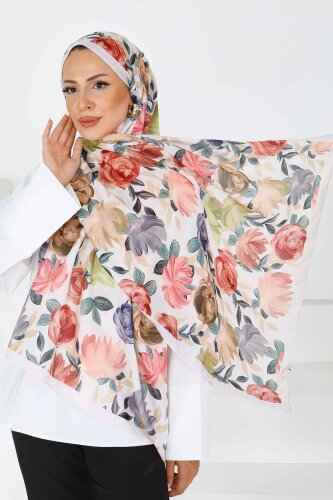 Flower Serisi Rose Lily Desenli Şal Krem - 27594 