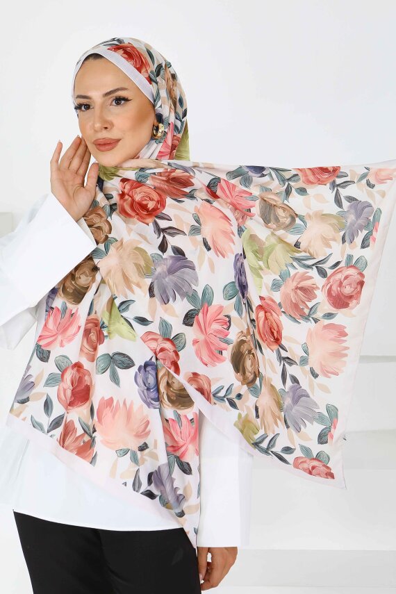 Flower Serisi Rose Lily Desenli Şal Krem - 27594 - 1