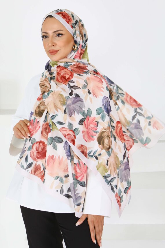 Flower Serisi Rose Lily Desenli Şal Krem - 27594 - 2