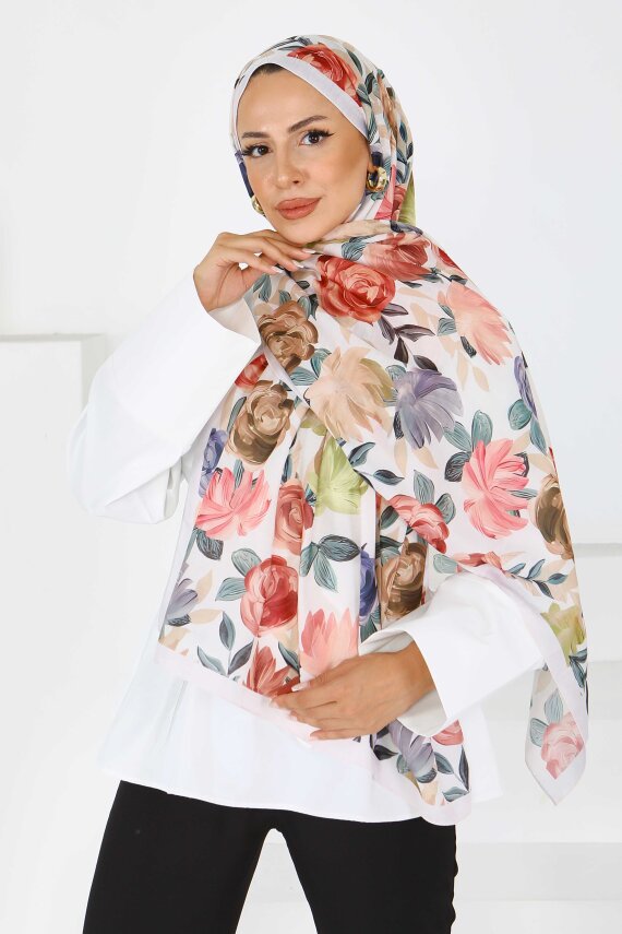 Flower Serisi Rose Lily Desenli Şal Krem - 27594 - 3