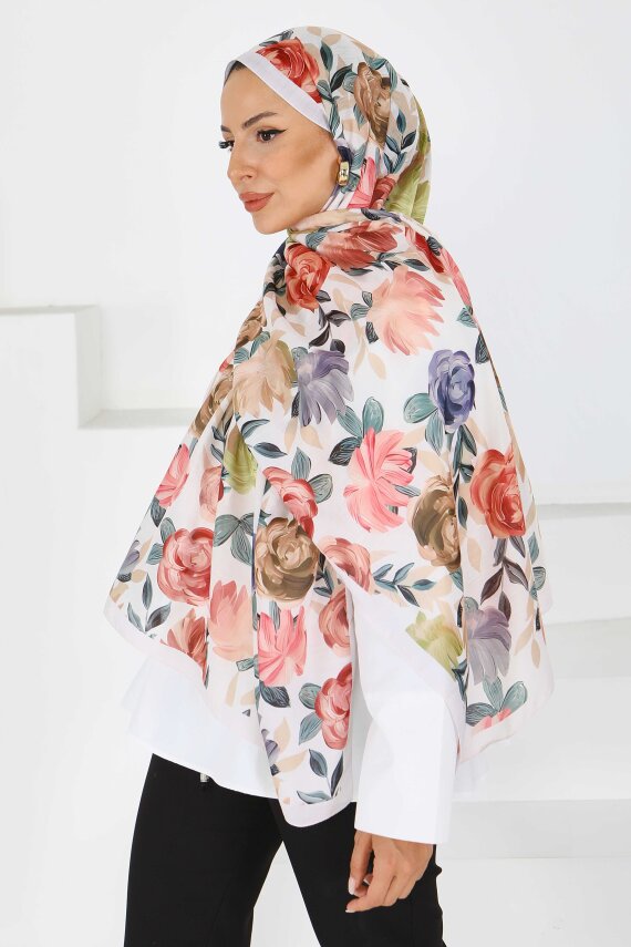 Flower Serisi Rose Lily Desenli Şal Krem - 27594 - 4