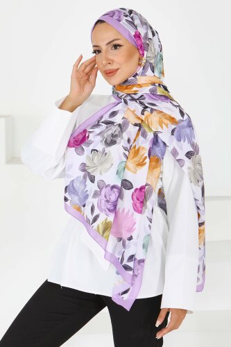 Flower Serisi Rose Lily Desenli Şal Lila - 27594 - 2
