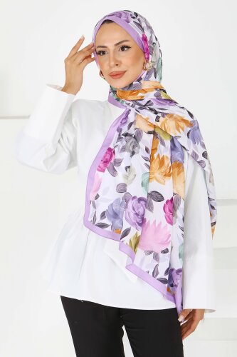 Flower Serisi Rose Lily Desenli Şal Lila - 27594 - 3