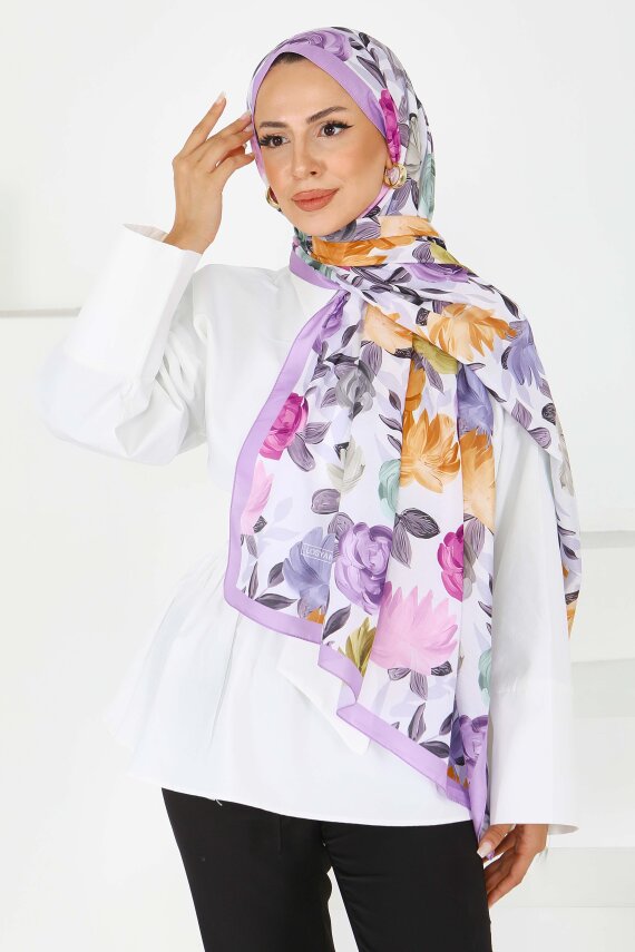 Flower Serisi Rose Lily Desenli Şal Lila - 27594 - 3