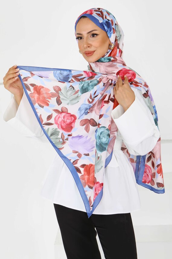 Flower Serisi Rose Lily Desenli Şal Mavi - 27594 - 1