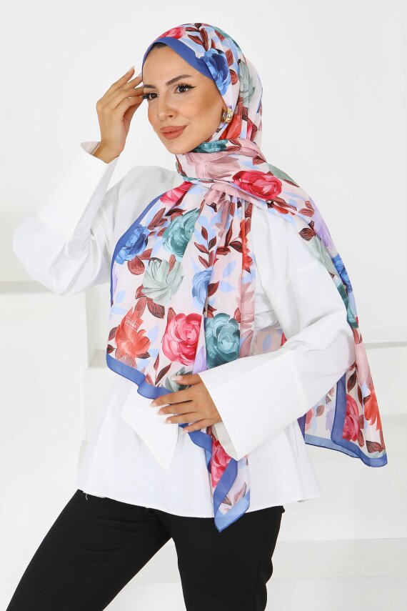 Flower Serisi Rose Lily Desenli Şal Mavi - 27594 - 2