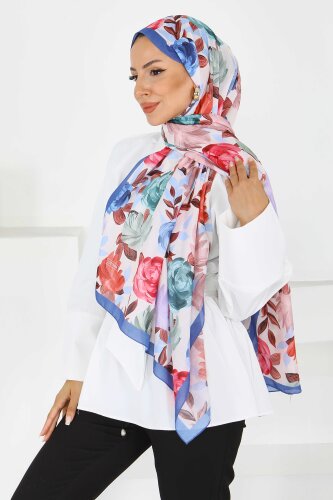 Flower Serisi Rose Lily Desenli Şal Mavi - 27594 - 3