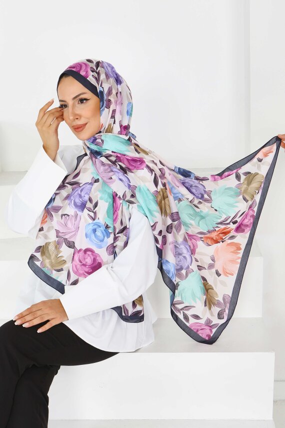 Flower Serisi Rose Lily Desenli Şal Siyah - 27594 - 1