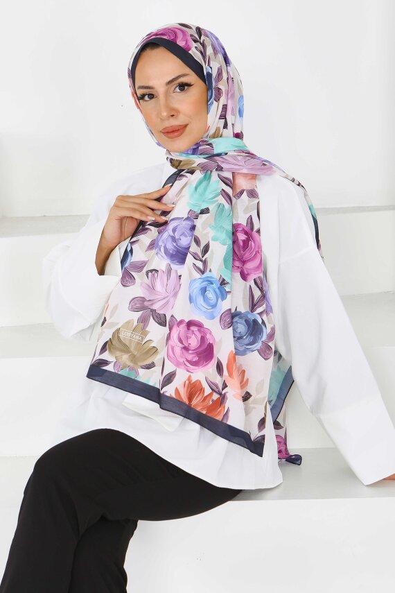 Flower Serisi Rose Lily Desenli Şal Siyah - 27594 - 3