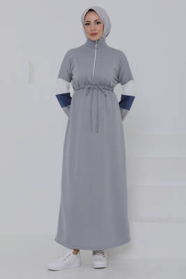 Garnili Fermuarlı Elbise Gri - 27047 