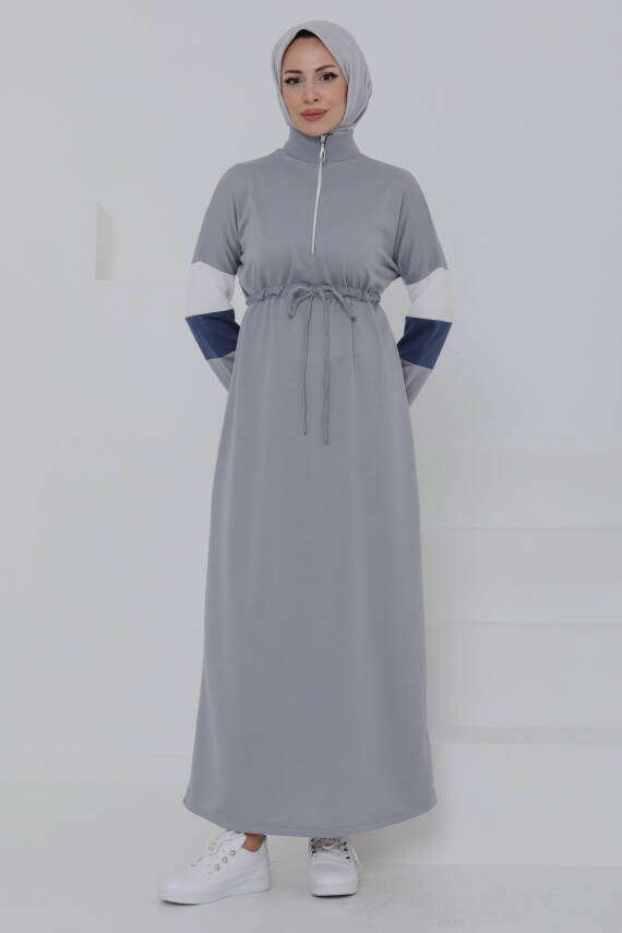 Garnili Fermuarlı Elbise Gri - 27047 - 1