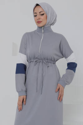 Garnili Fermuarlı Elbise Gri - 27047 - 4
