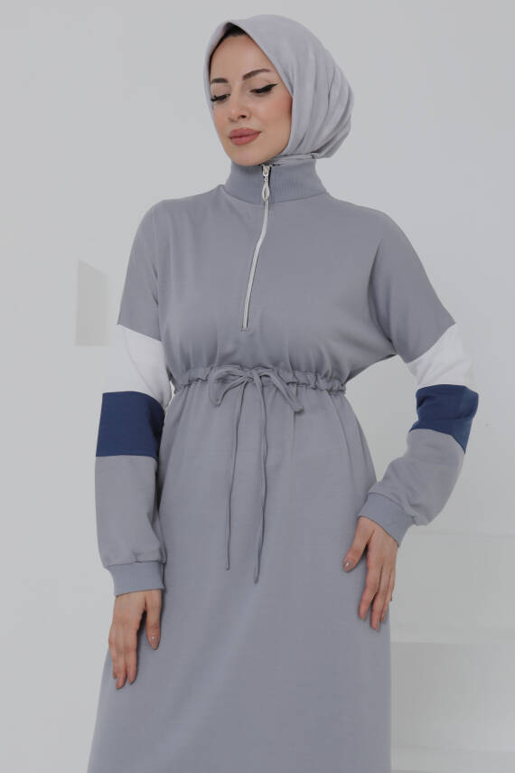 Garnili Fermuarlı Elbise Gri - 27047 - 4