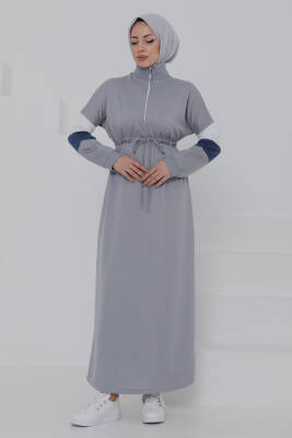 Garnili Fermuarlı Elbise Gri - 27047 - 5