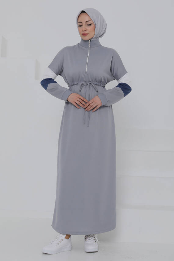 Garnili Fermuarlı Elbise Gri - 27047 - 5