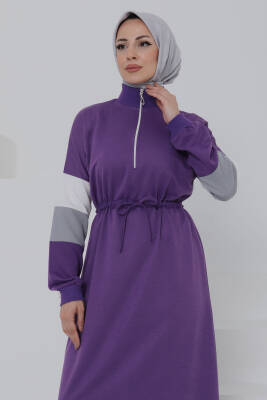Garnili Fermuarlı Elbise Mor - 27047 - 3