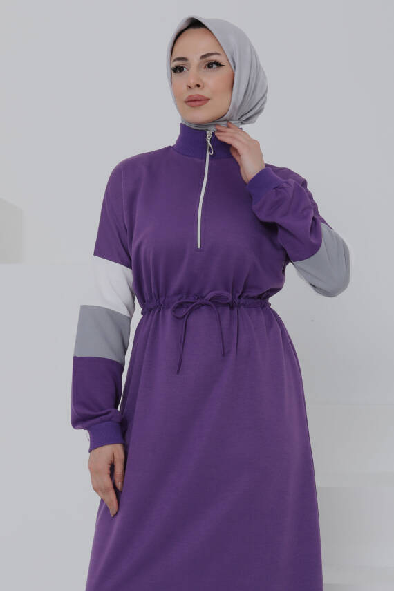 Garnili Fermuarlı Elbise Mor - 27047 - 3