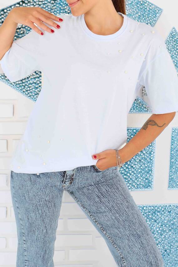 İncili Kısa Kollu T-Şhirt Bebe Mavi - 27543 - 1