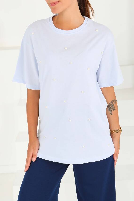 İncili Kısa Kollu T-Şhirt Bebe Mavi - 27544 - 1