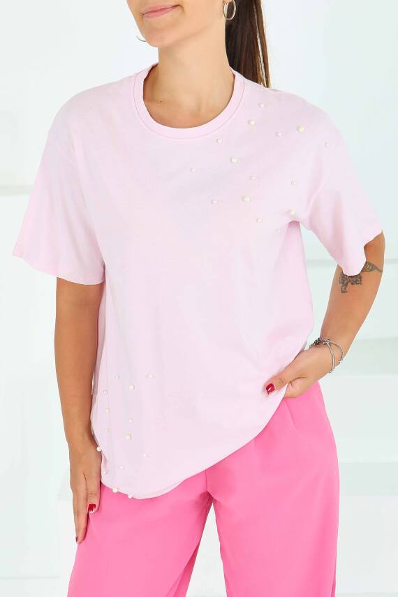 İncili Kısa Kollu T-Şhirt Pembe - 27543 - 1
