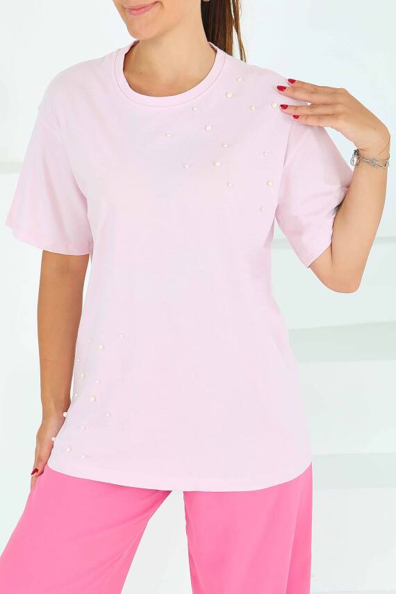İncili Kısa Kollu T-Şhirt Pembe - 27543 - 2