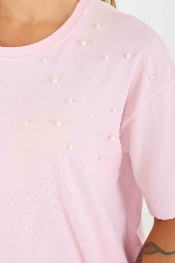 İncili Kısa Kollu T-Şhirt Pembe - 27543 - 3