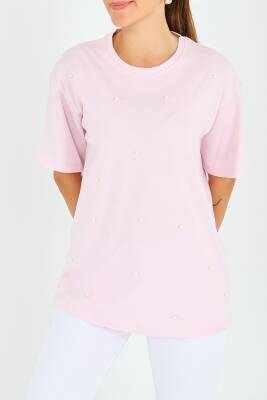 İncili Kısa Kollu T-Şhirt Pembe - 27544 
