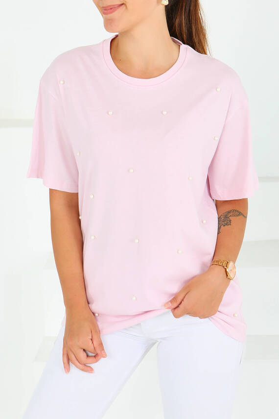 İncili Kısa Kollu T-Şhirt Pembe - 27544 - 2