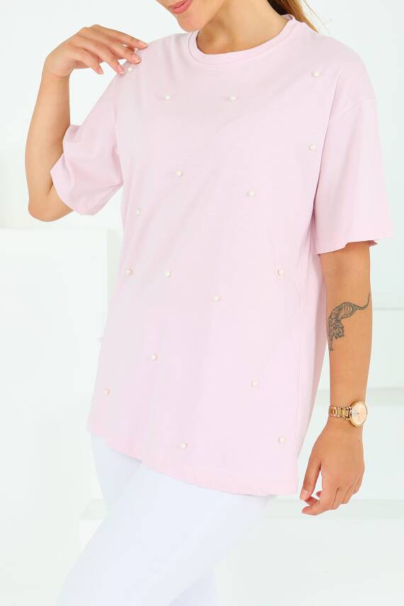 İncili Kısa Kollu T-Şhirt Pembe - 27544 - 3