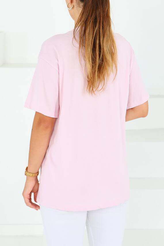 İncili Kısa Kollu T-Şhirt Pembe - 27544 - 5