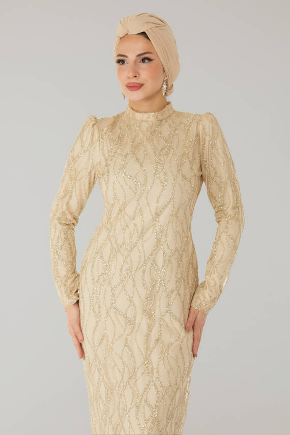 Işıltılı Abiye Elbise Krem - 26521 - 2