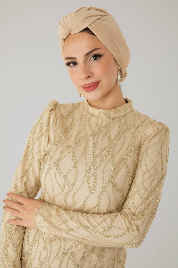 Işıltılı Abiye Elbise Krem - 26521 - 4