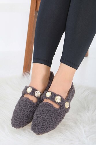 Kadın Antrasit İnci Ve Tuğra Detaylı Peluş Babet - 27911-ANTRASIT