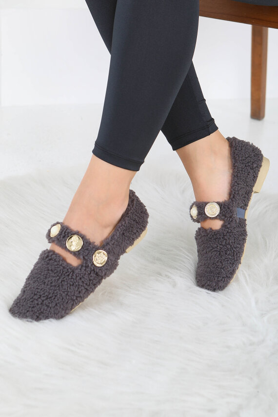 Kadın Antrasit İnci Ve Tuğra Detaylı Peluş Babet - 27911-ANTRASIT - 2