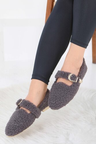 Kadın Antrasit Kemer Detaylı Peluş Babet - 27910-ANTRASIT - 2