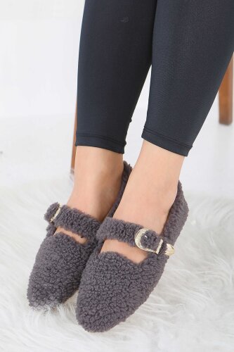 Kadın Antrasit Kemer Detaylı Peluş Babet - 27910-ANTRASIT - 3