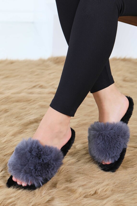 Kadın Antrasit Ponponlu Ev Terliği - 27782-ANTRASIT - 1