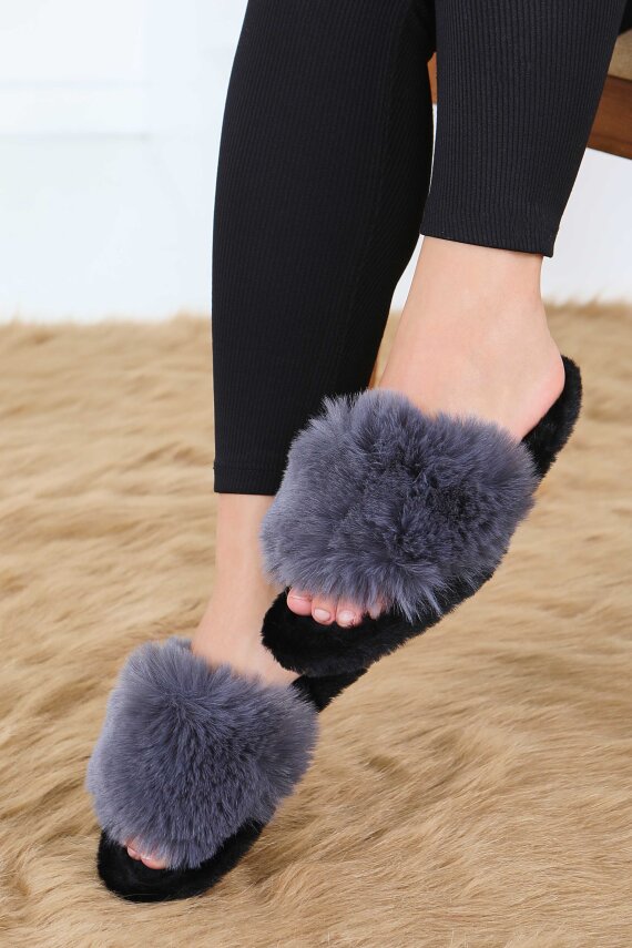 Kadın Antrasit Ponponlu Ev Terliği - 27782-ANTRASIT - 2