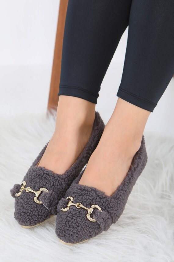 Kadın Antrasit Toka Detaylı Peluş Babet - 27913-ANTRASIT - 2