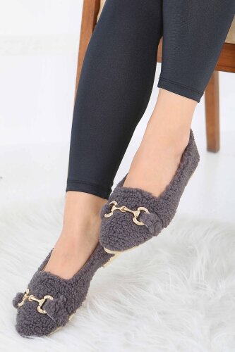 Kadın Antrasit Toka Detaylı Peluş Babet - 27913-ANTRASIT