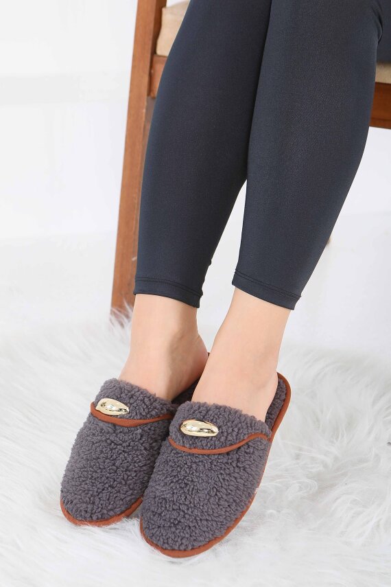 Kadın Antrasit Tokalı Peluş Ev Terliği - 27912-ANTRASIT - 2