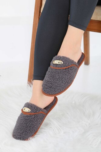 Kadın Antrasit Tokalı Peluş Ev Terliği - 27912-ANTRASIT - 3