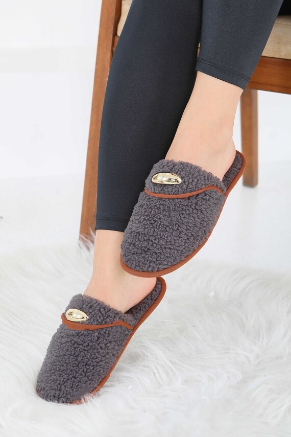 Kadın Antrasit Tokalı Peluş Ev Terliği - 27912-ANTRASIT - 3