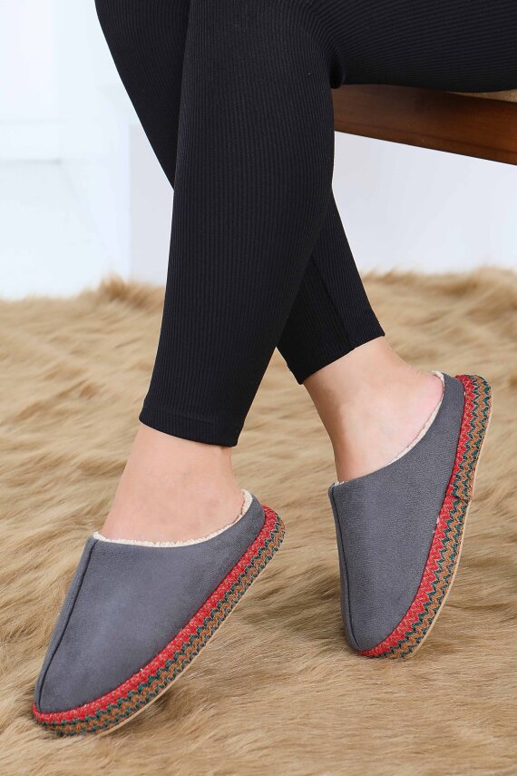 Kadın Antrasit Yanları Nakışlı Ev Terliği - 27781-ANTRASIT - 1